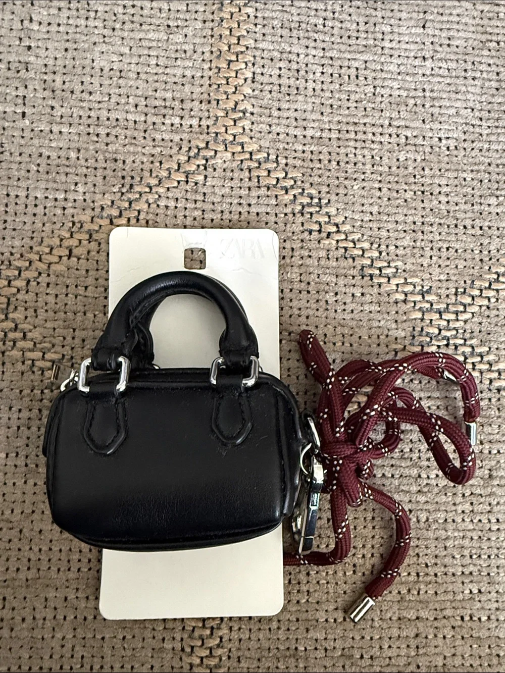 Zara Black Mini Bag Charm Key & Card Holder with Burgundy Cord